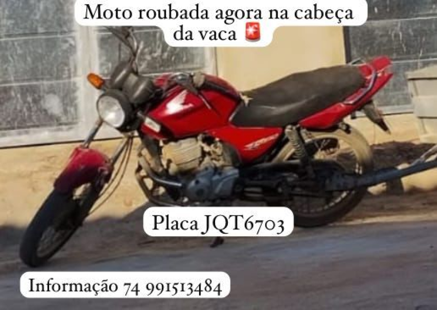 Proprietário procura motocicleta tomada de assalto no Povoado de Cabeça da Vaca em Filadélfia