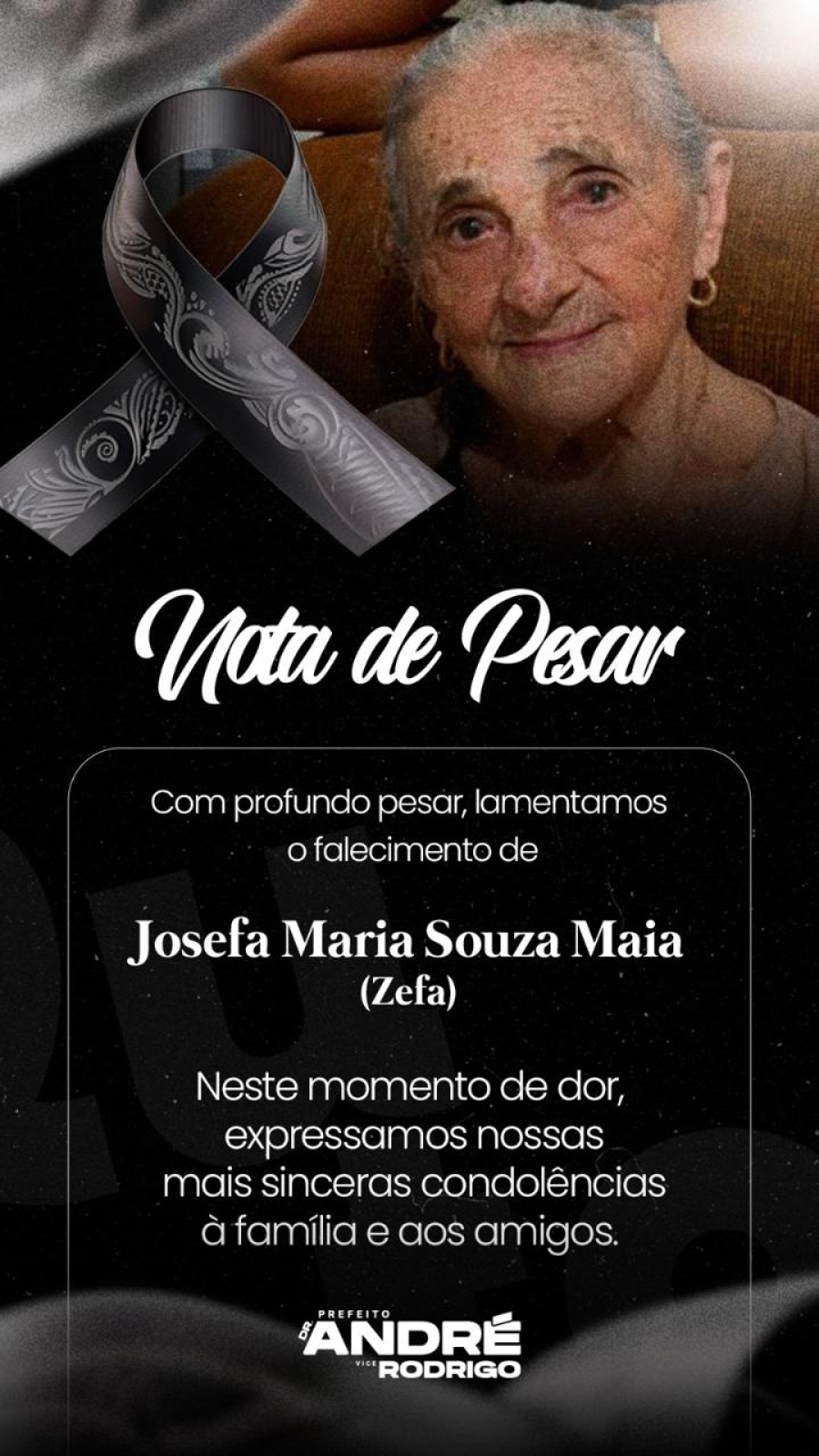 Prefeito Dr André divulga Nota de Pesar pelo falecimento de Josefa Maia